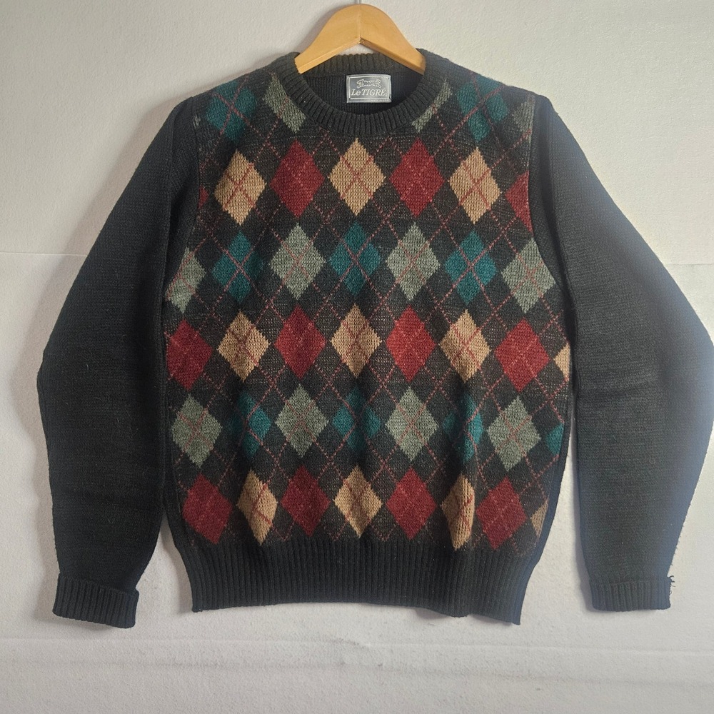 Vintage Le Tigre Argyle Sweater Mens Large Black Wool Blend Crewneck Made in USA